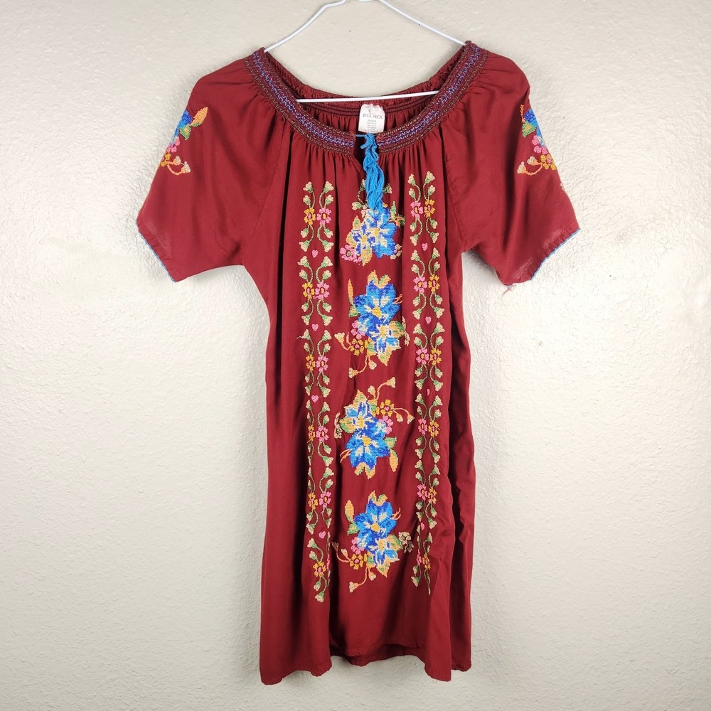 Jiya Mex Tunic Womens Meduim Maroon Boho Embroidered‎ Gauze Cotton Top Festival